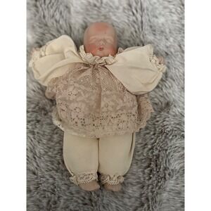 Vintage Sugar Lump Porcelain Doll Baby Lace Outfit Cream Beige Ruffle Doll